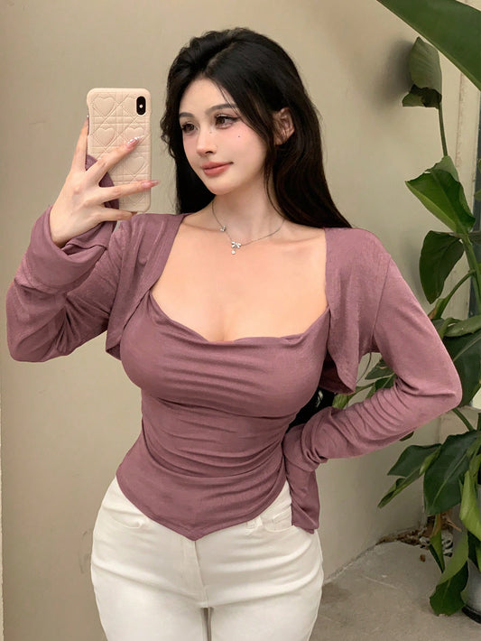 Women's Plain V-Neck Camisole Top And Cardigan Long Sleeve Blouse
