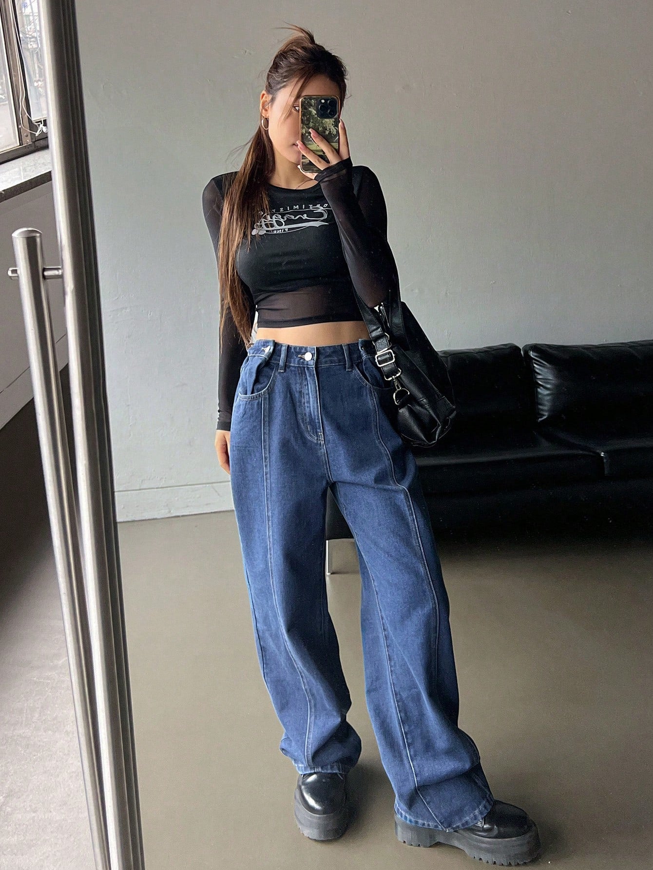 Solid Color Loose Wide Leg Jeans With Slanted Pockets