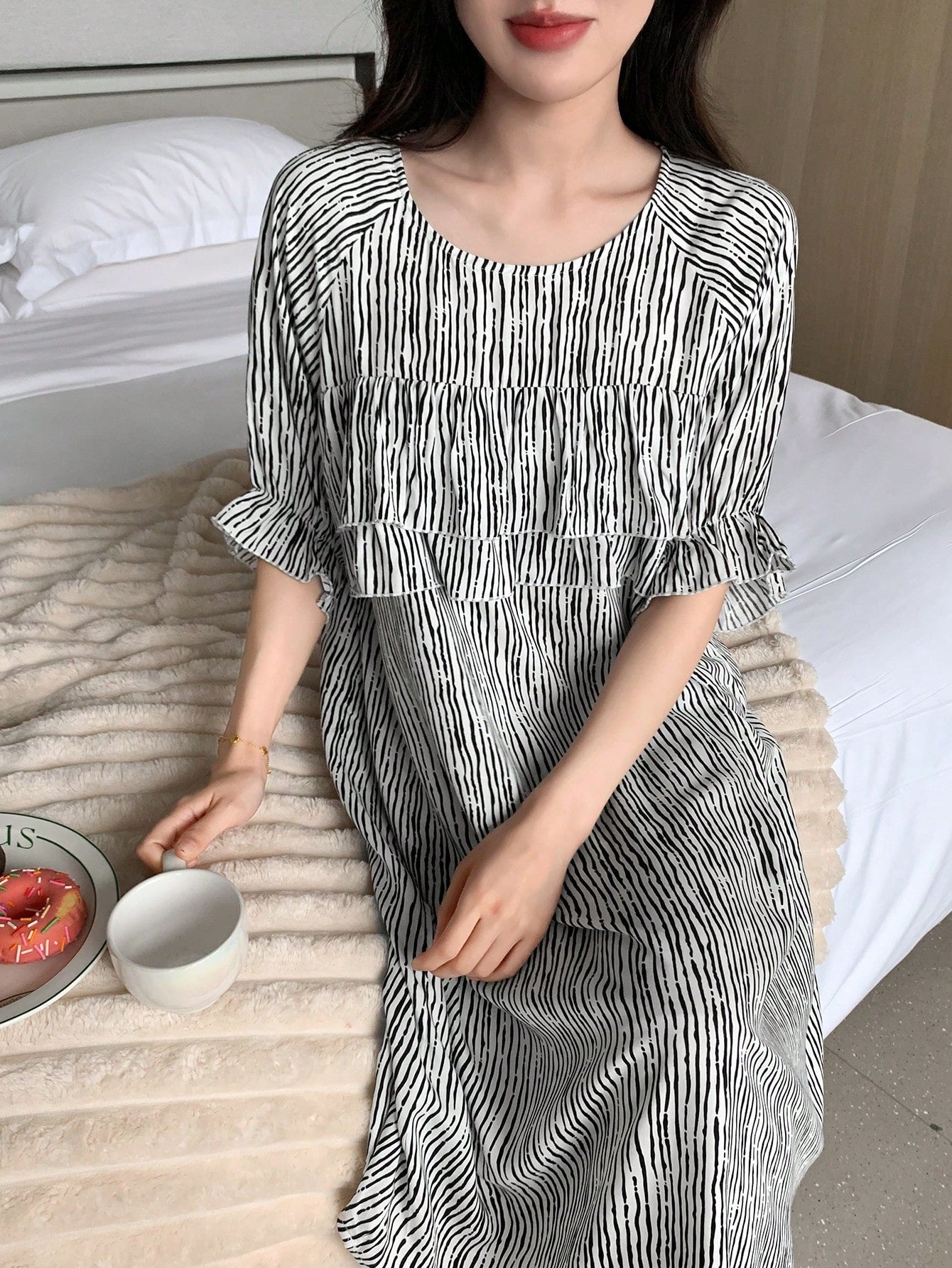Striped Print Off Shoulder Ruffle Hem Home Dress