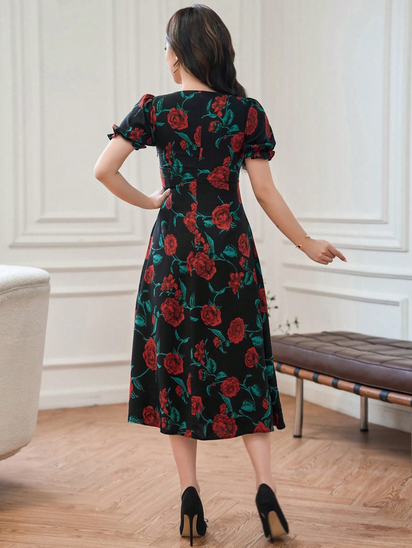 Floral Print Bubble Sleeve Dress With Sweetheart Neckline