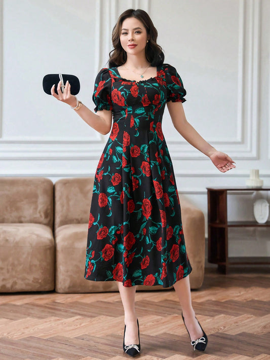 Floral Print Bubble Sleeve Dress With Sweetheart Neckline