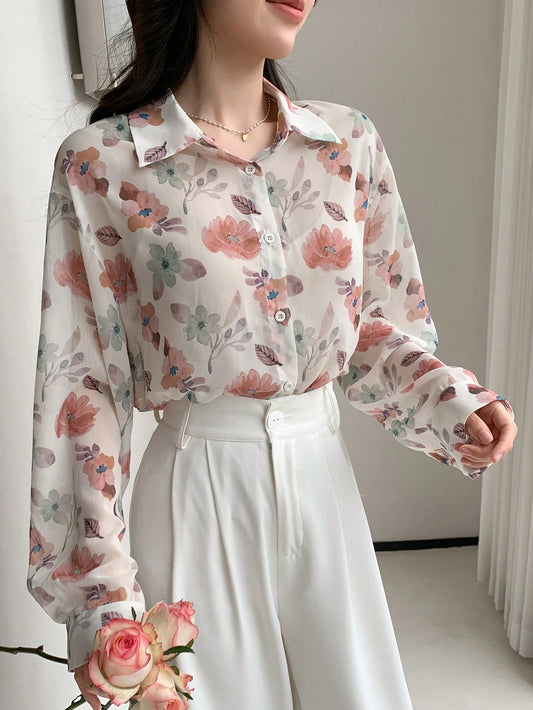 Floral Print Loose Fit Lapel Collar Open Front Long Sleeve Shirt