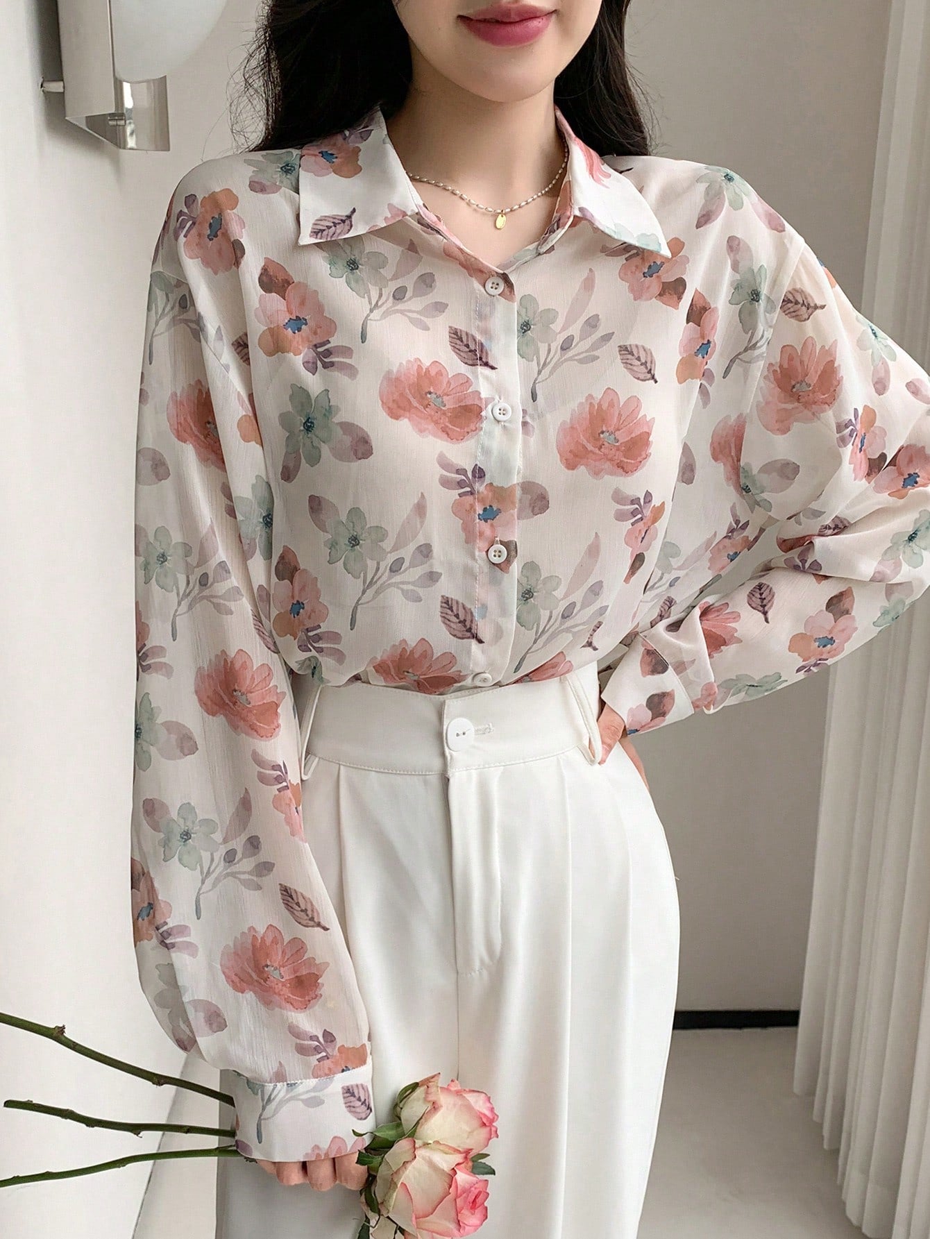 Floral Print Loose Fit Lapel Collar Open Front Long Sleeve Shirt