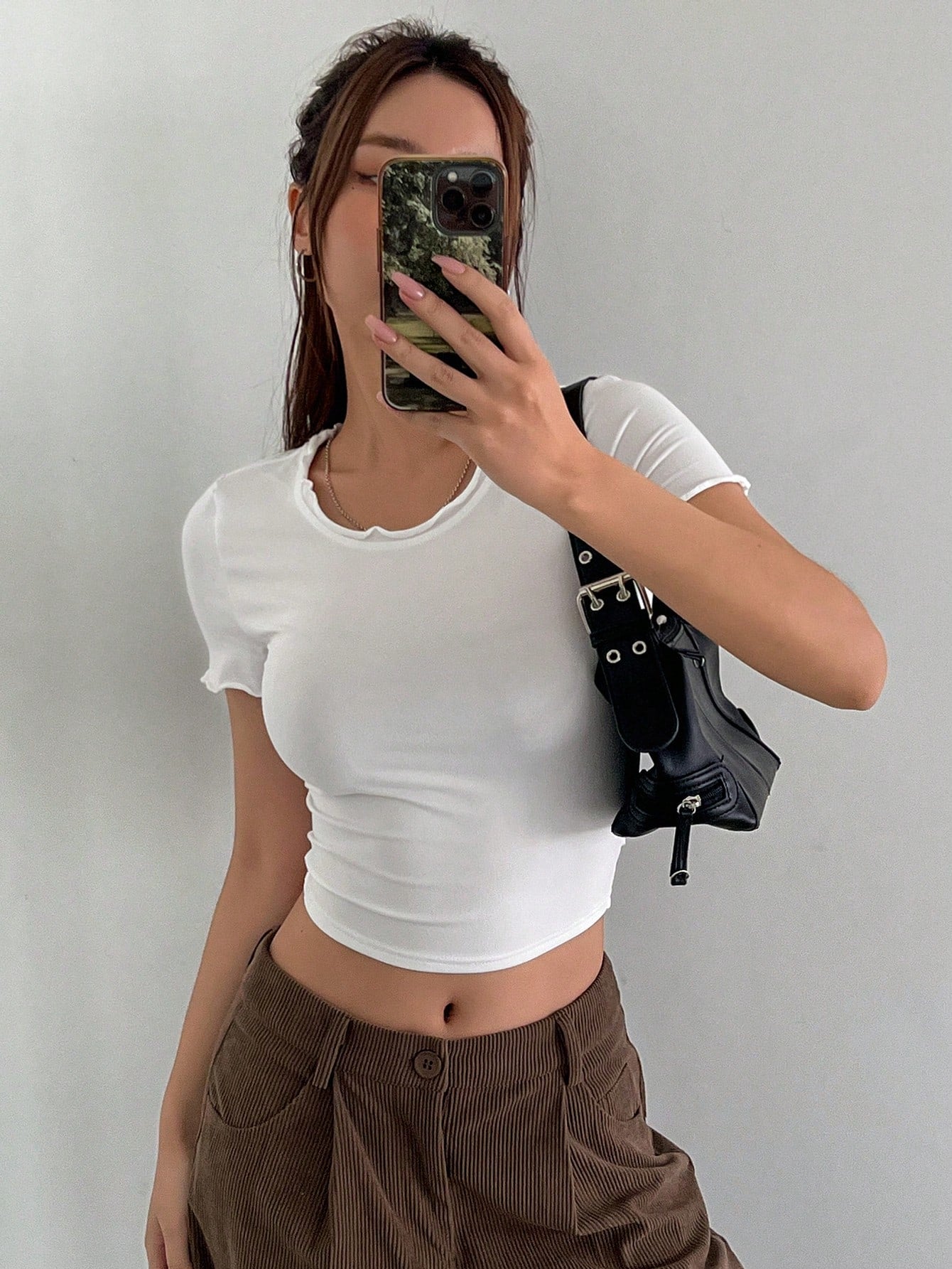 Solid Color Round Neck Slim Fit Crop Top Short Sleeve T-Shirt