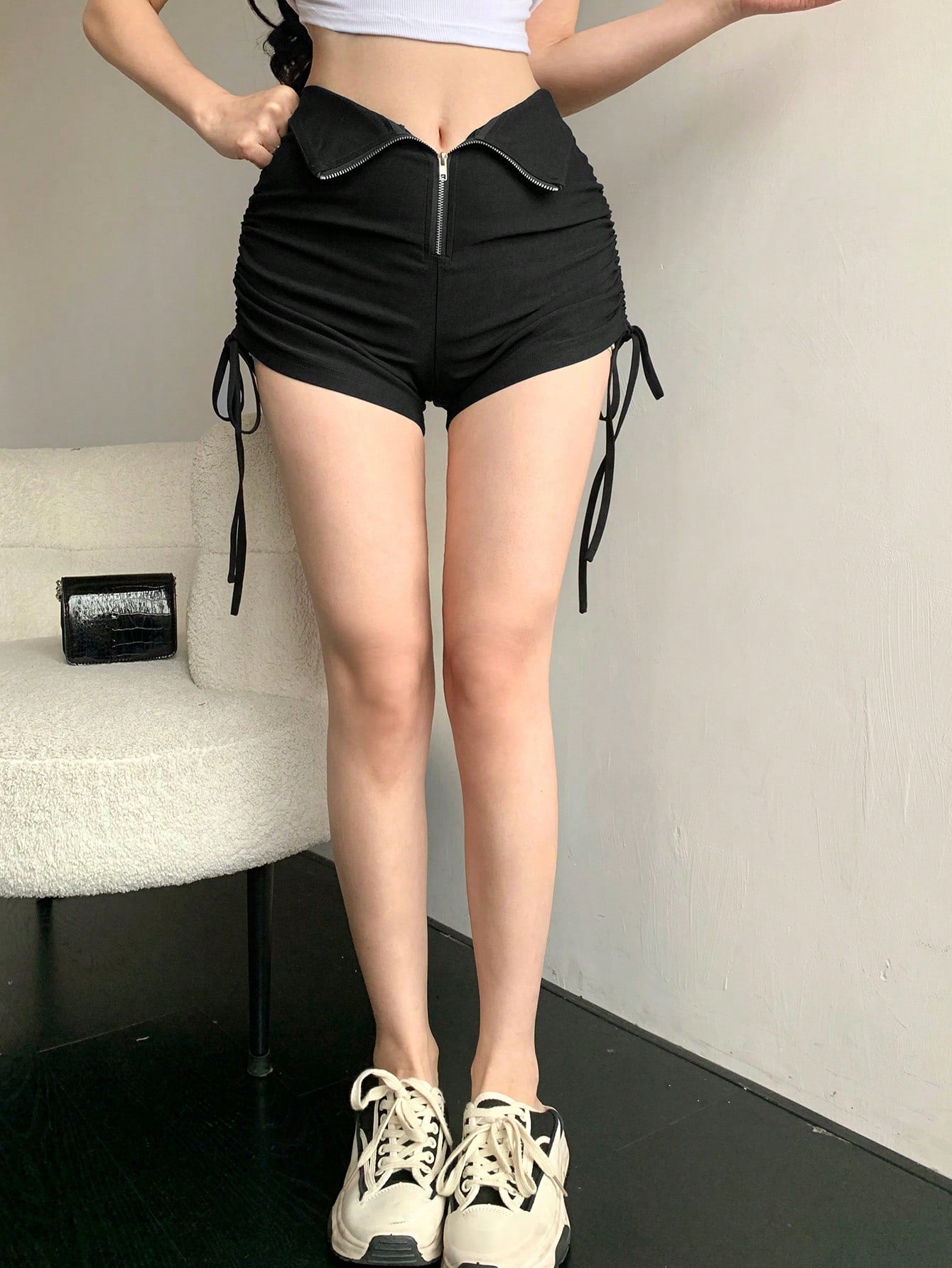 Women's Monochrome Zipper, V-Neck Drawstring Pleated Shorts