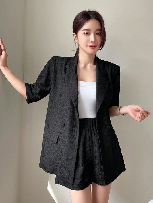 Textured Lapel Double-Breasted Suit Jacket And Shorts Set