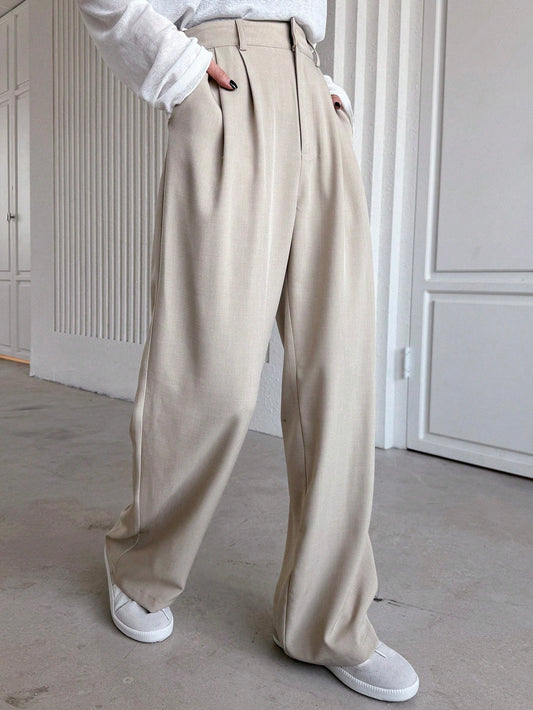 Solid Color Straight Pants With Pockets Women's Suit Pants