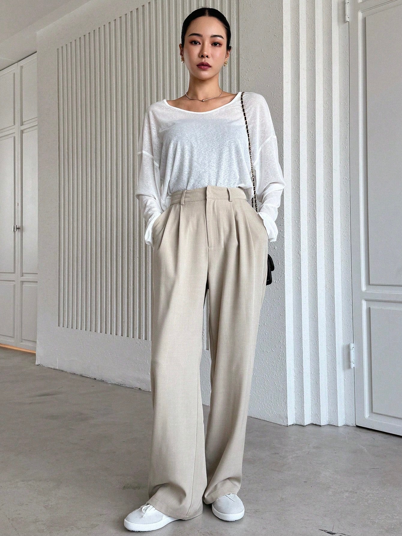 Solid Color Straight Pants With Pockets Women's Suit Pants