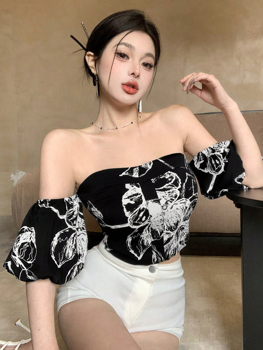 All-Over Floral Print Short-Sleeved Crop Top With Elasticized Band And Slash Neckline For Women