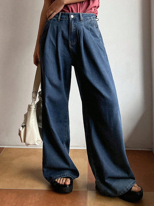Ladies' Denim Jeans With Pleated Wide Leg Design