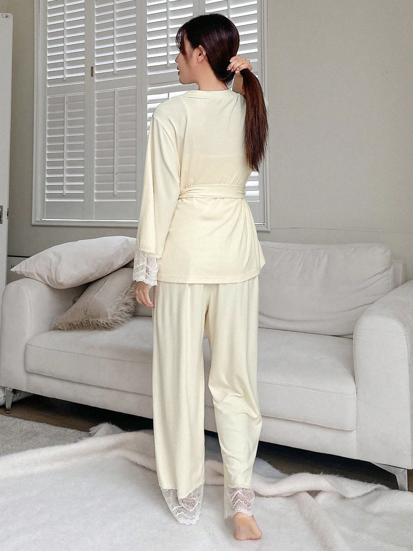 3pcs Lace Patchwork Sheer Shoulder Sleepwear Set