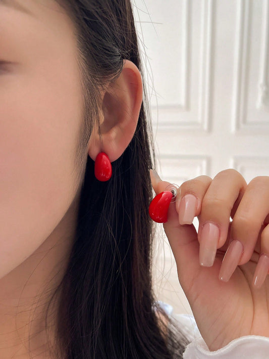 1pair Simple Red Stud Earrings For Women, Perfect For Daily Wearing