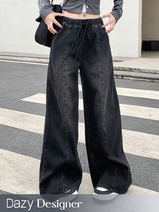 Women's Black Drawstring Waist Wide Leg Jeans With Design Sense