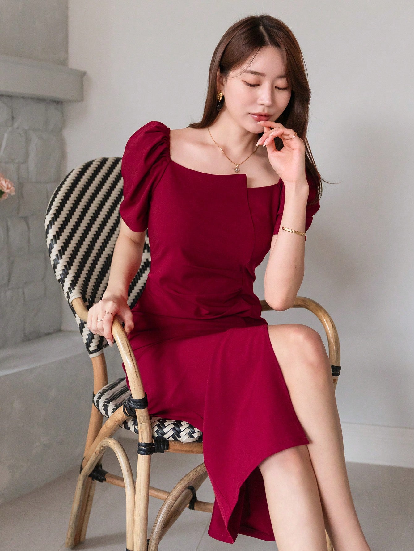 Puff Sleeve Ruched Slit Fitted Dress
