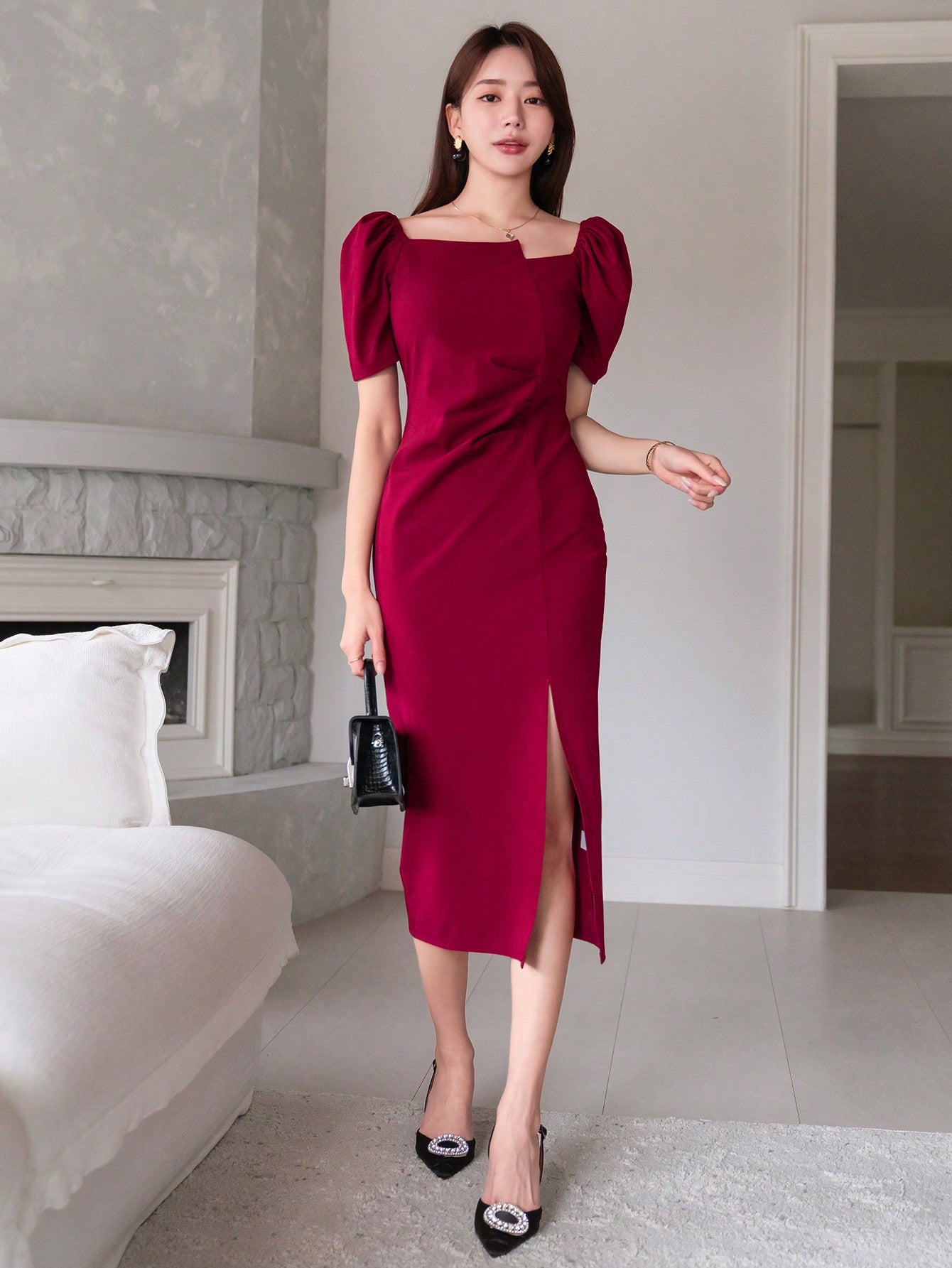 Puff Sleeve Ruched Slit Fitted Dress