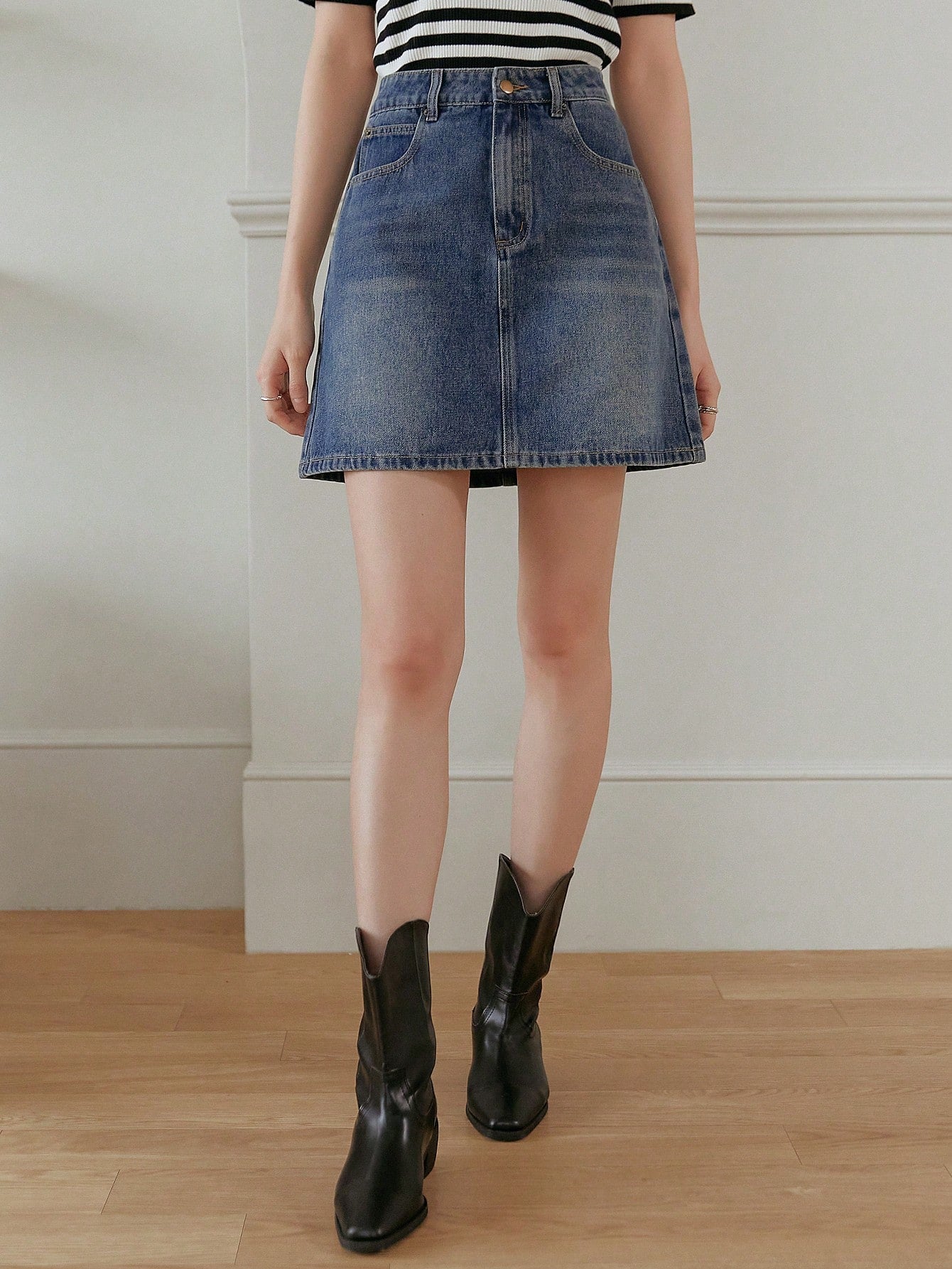 High Waist Women's Denim Skirt With Pockets, A-Line Style