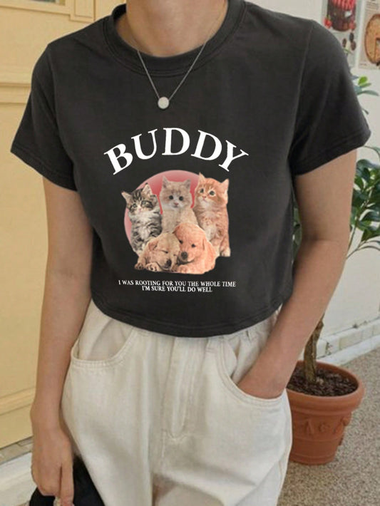 Women's Summer Casual Short Sleeve Cat Pattern Print Round Neck T-Shirt