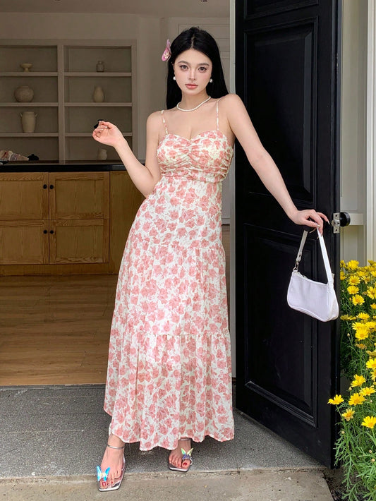 Women's Floral Print Pleated Vacation Style Spaghetti Strap Dress