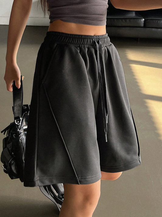 Women's Solid Color Drawstring Waist Wide Leg Casual Shorts
