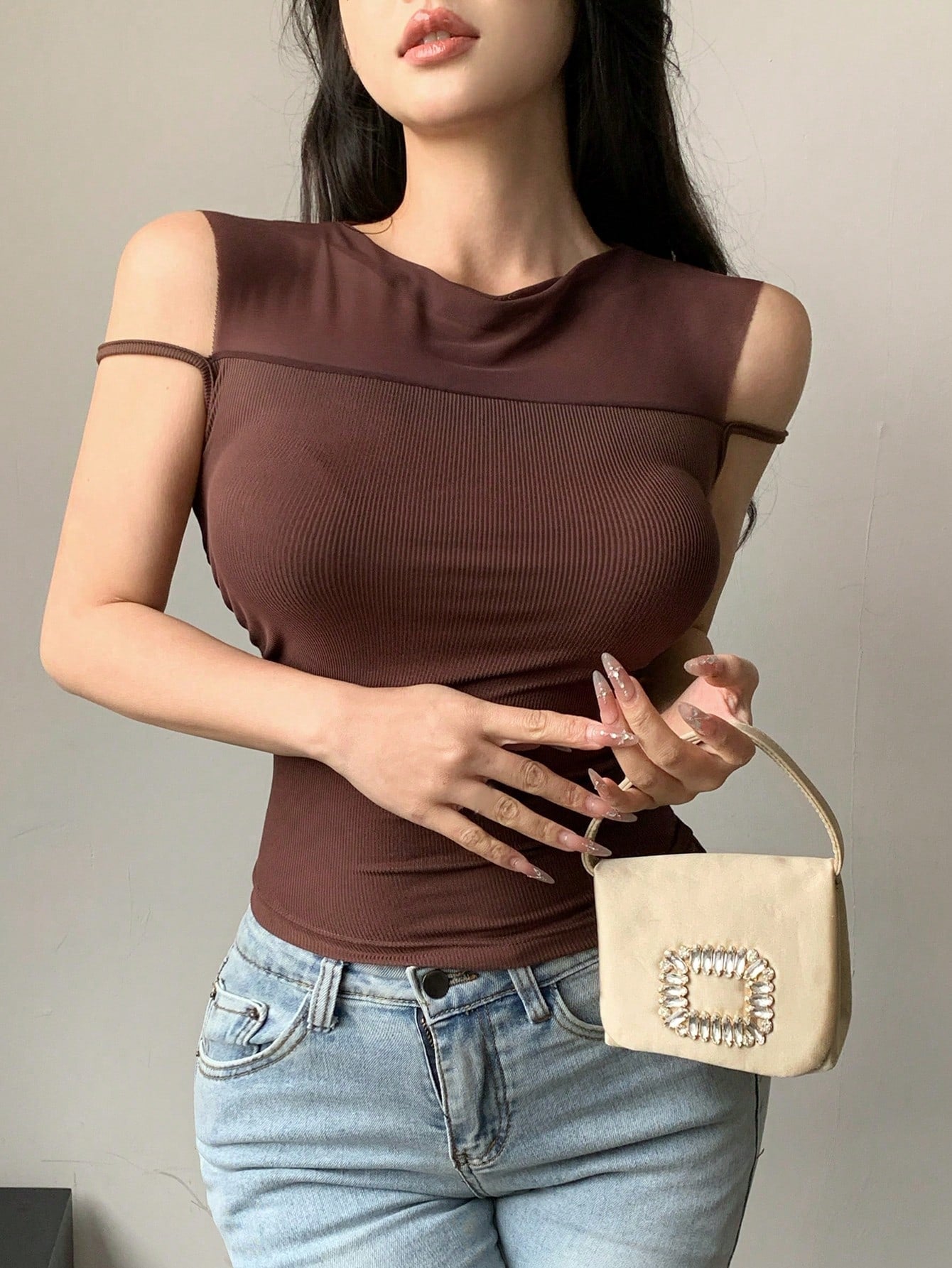 Women's Solid Color Mesh Splice Hollow Out T-Shirt