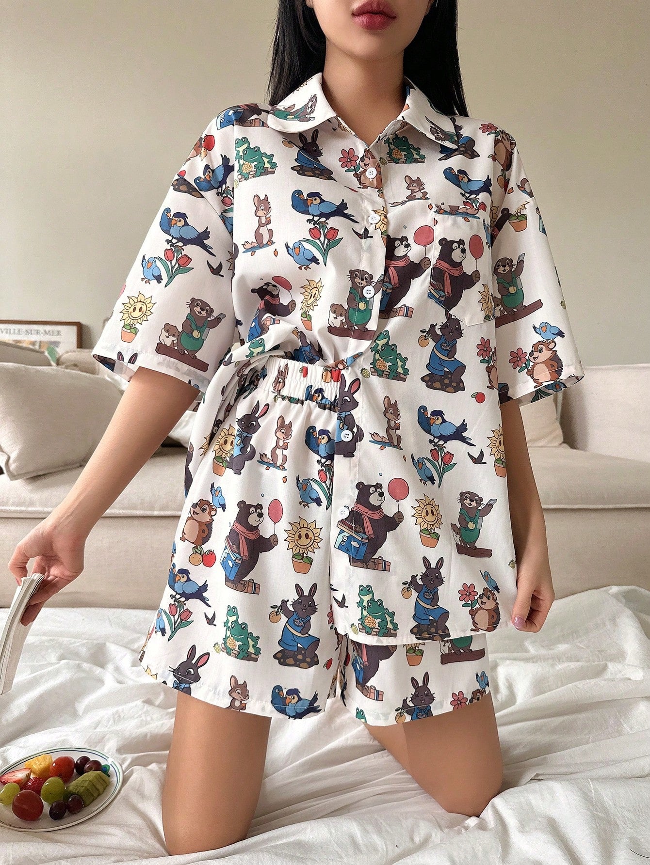 Women's Cute And Delicate Cartoon Pattern Short Sleeve And Short Pants Pajama Set