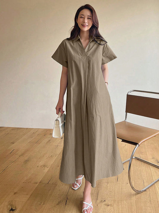 Ladies' Summer Turn-Down Collar Solid Short Sleeve Long Casual Dress