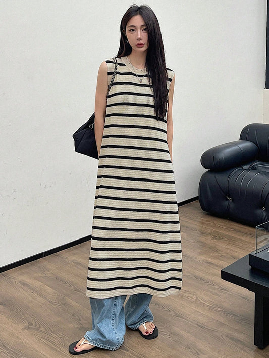 Long Striped Sleeveless Knitted Vest Dress