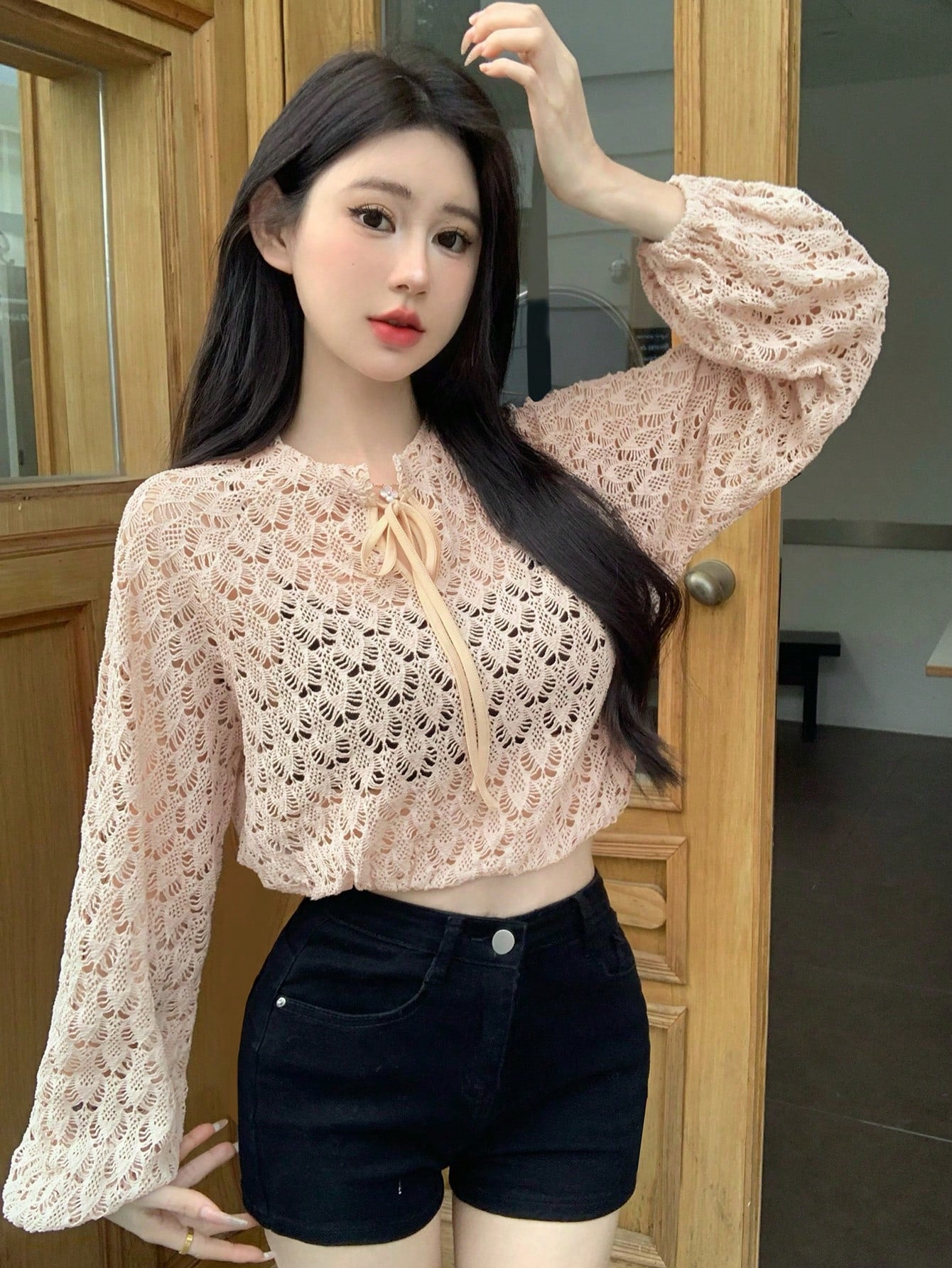 Women Hollow Out Round Neckline Drawstring Design Long Sleeve Top