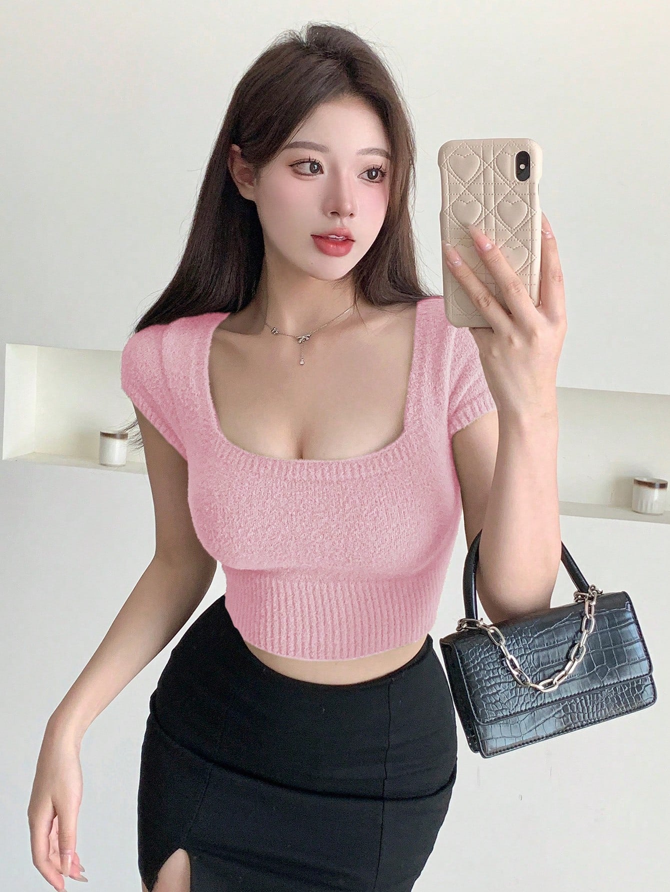 Solid Color Slim Fit Square Neck Cropped Knit Top