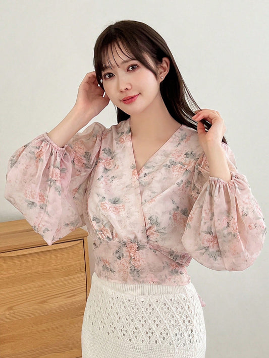 Women's Vacation Style Floral Printed Lantern Sleeve Loose Shirt