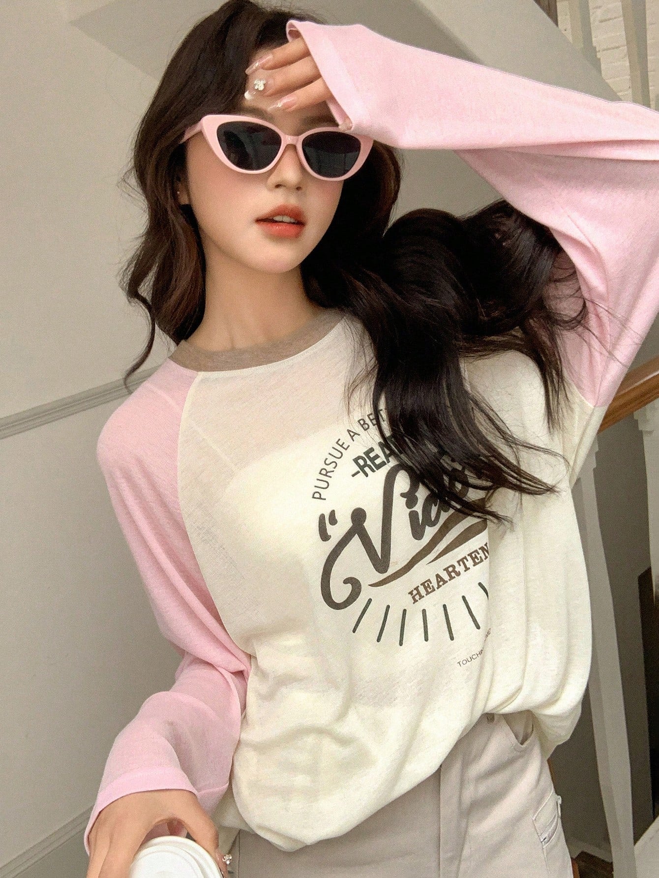Round Neck Contrast Color Long Sleeve Top