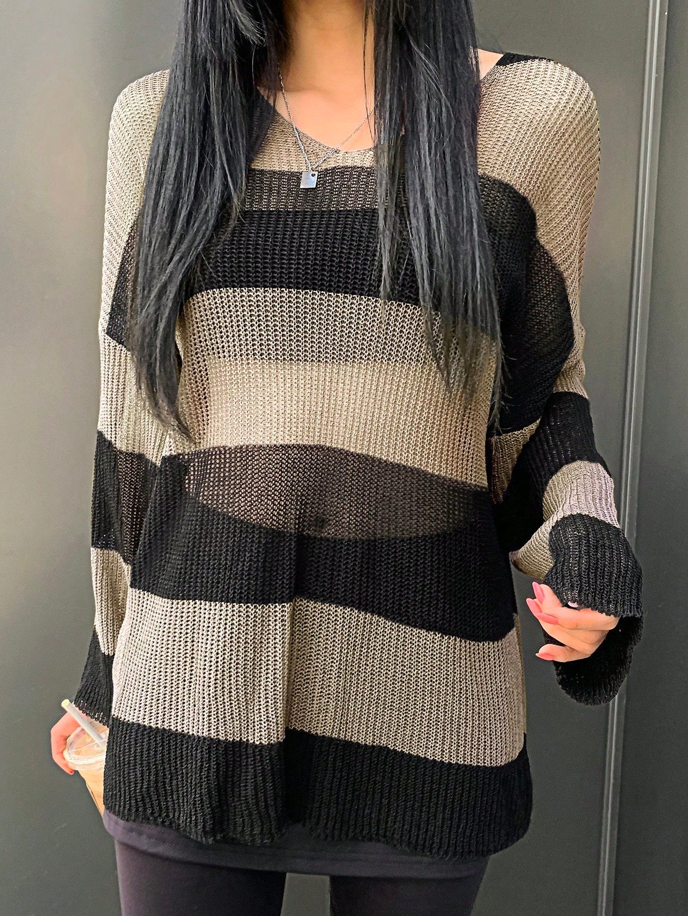 Ladies' Colorblock Stripe Drop Shoulder Loose Knitted Sweater