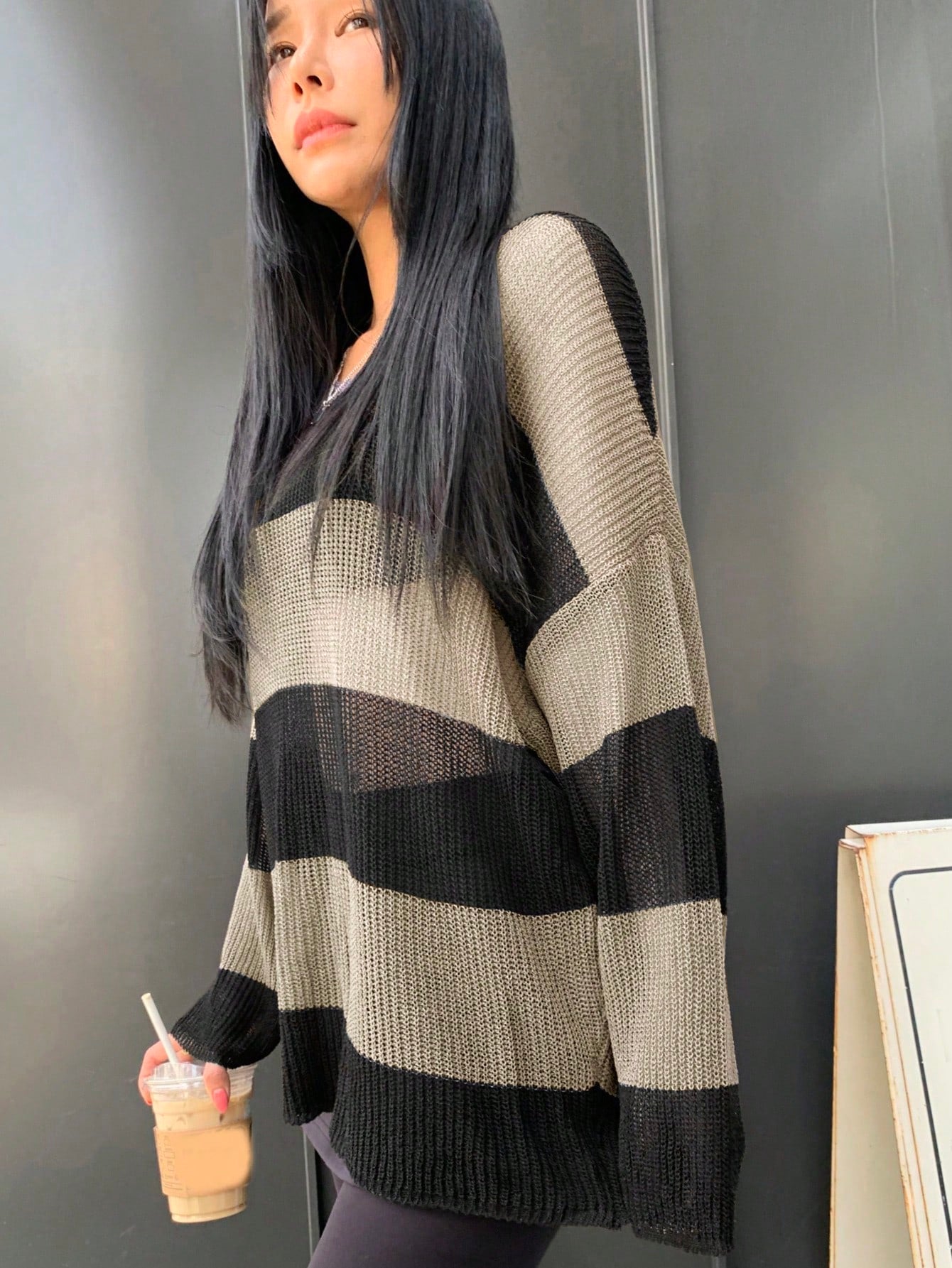 Ladies' Colorblock Stripe Drop Shoulder Loose Knitted Sweater