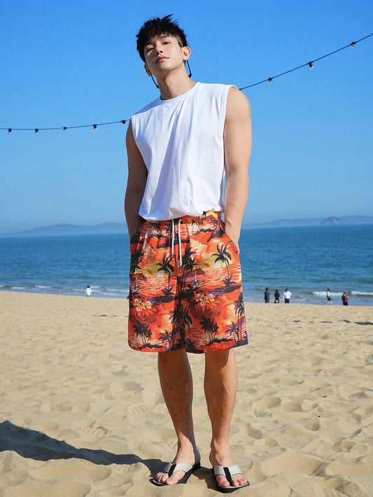 Men's Drawstring Printed Shorts With All-Over Print, Suitable For Beach, Vacation, Summer