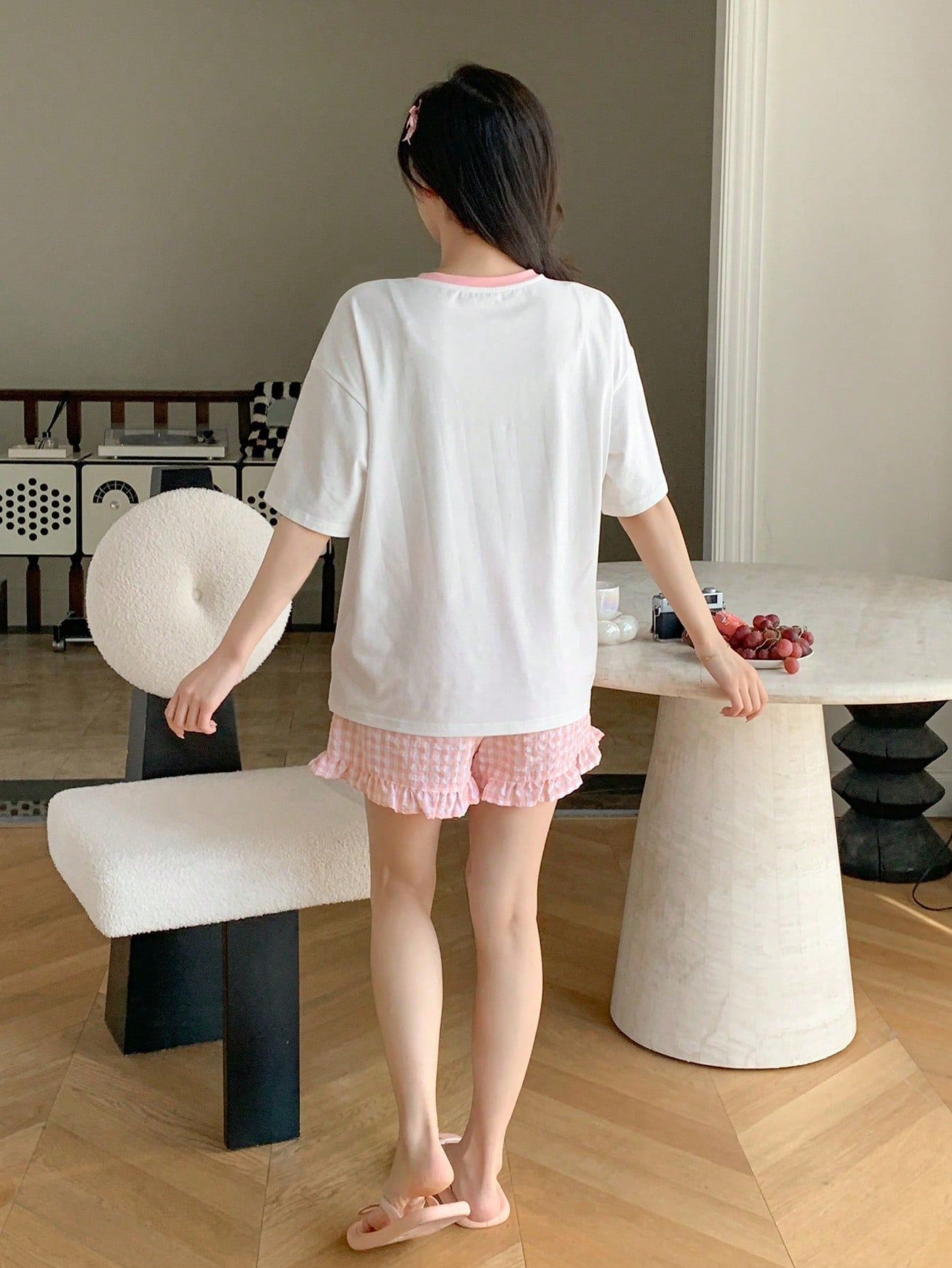 Women's Cute Tea Cup & Animal Print Short Sleeve Plaid Pajama Set For Summer