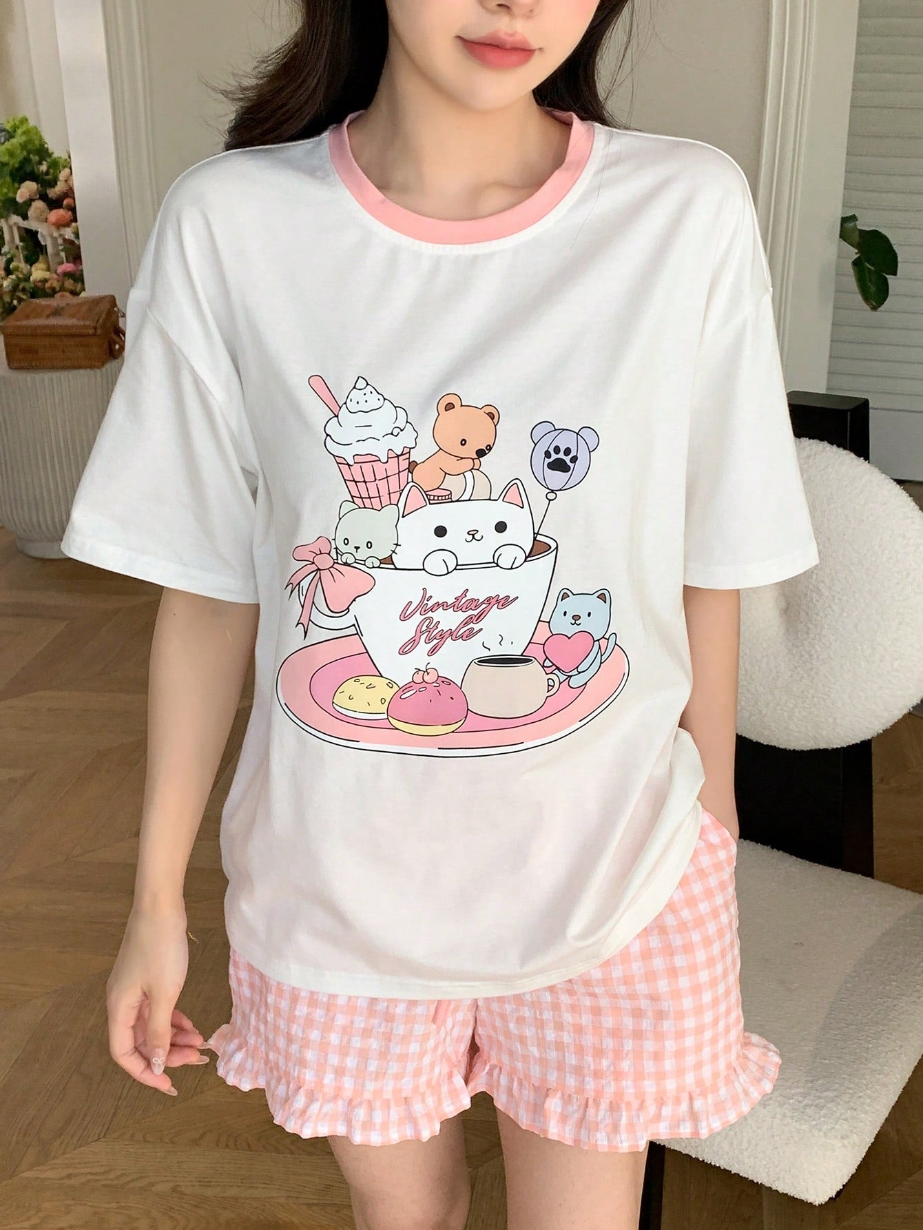 Women's Cute Tea Cup & Animal Print Short Sleeve Plaid Pajama Set For Summer