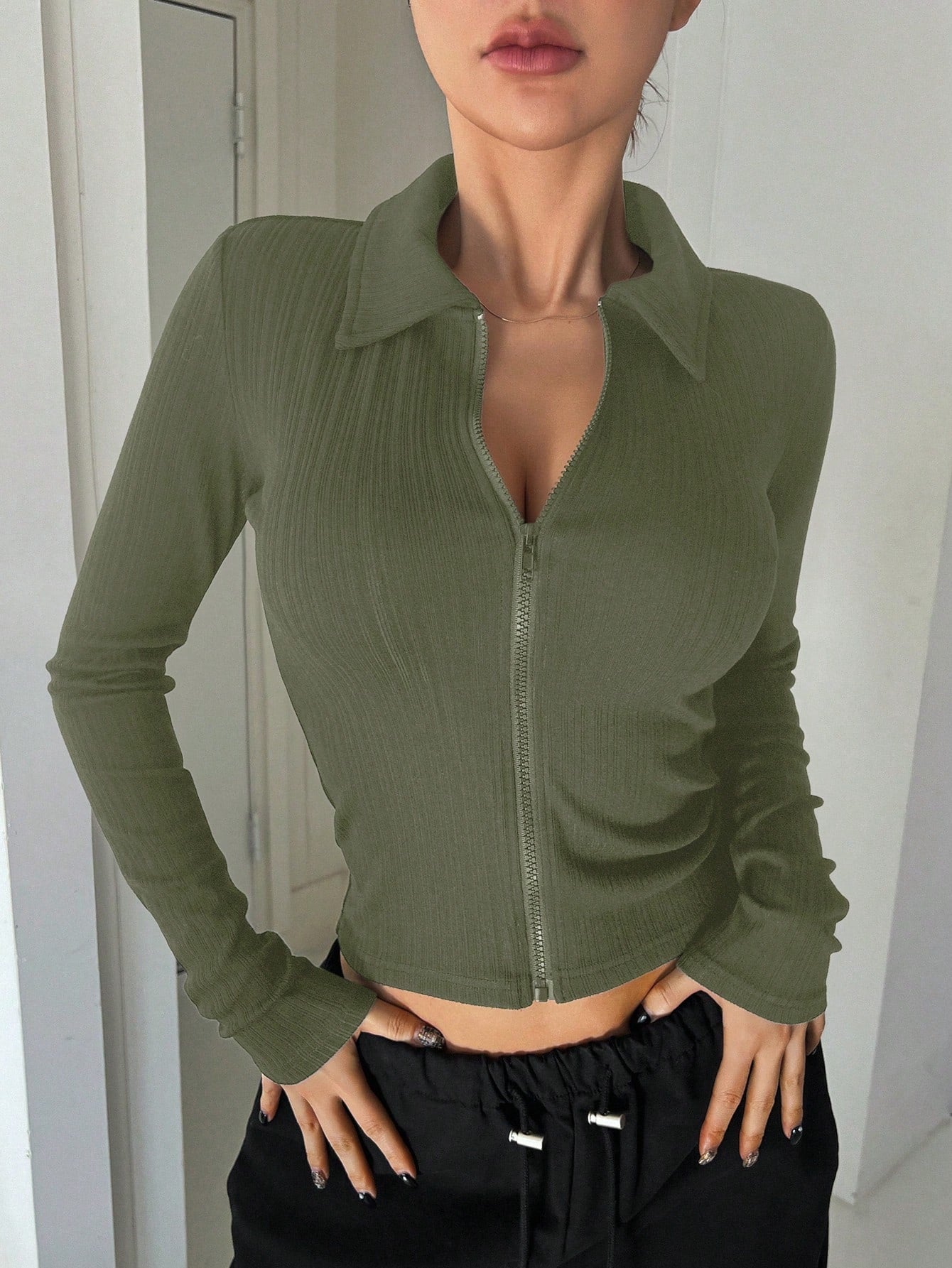 Women's Solid Color Zipper Collar Cardigan T-Shirt