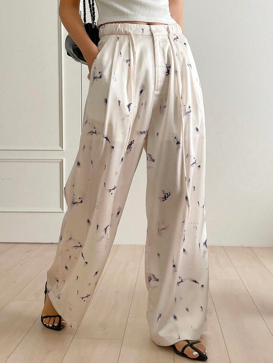 Ladies' Suit Pants With Floral Print, Drawstring Waist And Wide Leg Style
