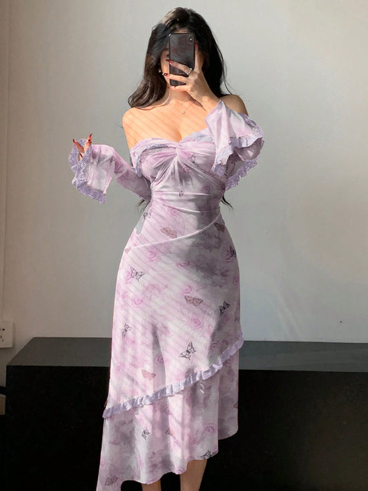 Rose & Butterfly Printed Off-Shoulder Waist-Tied Dress For Spring/Summer