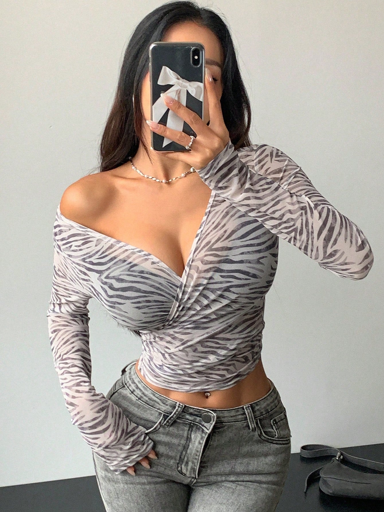 Women's V-Neck Long Sleeve Wrap Design Zebra Print T-Shirt With Structured Texture