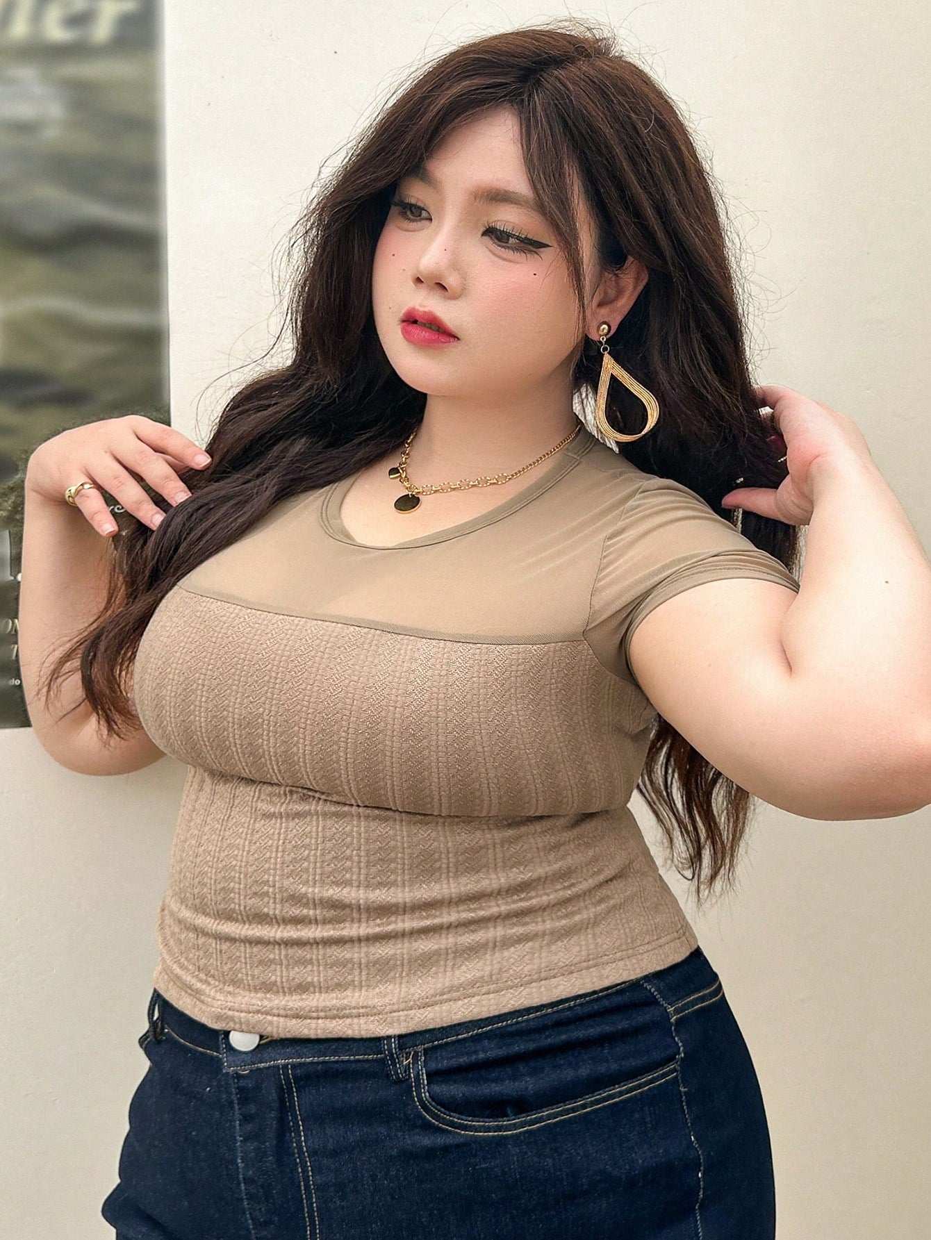 Plus Size Summer Casual Mesh Patchwork Slim Fit Sexy Short Sleeve T-Shirt