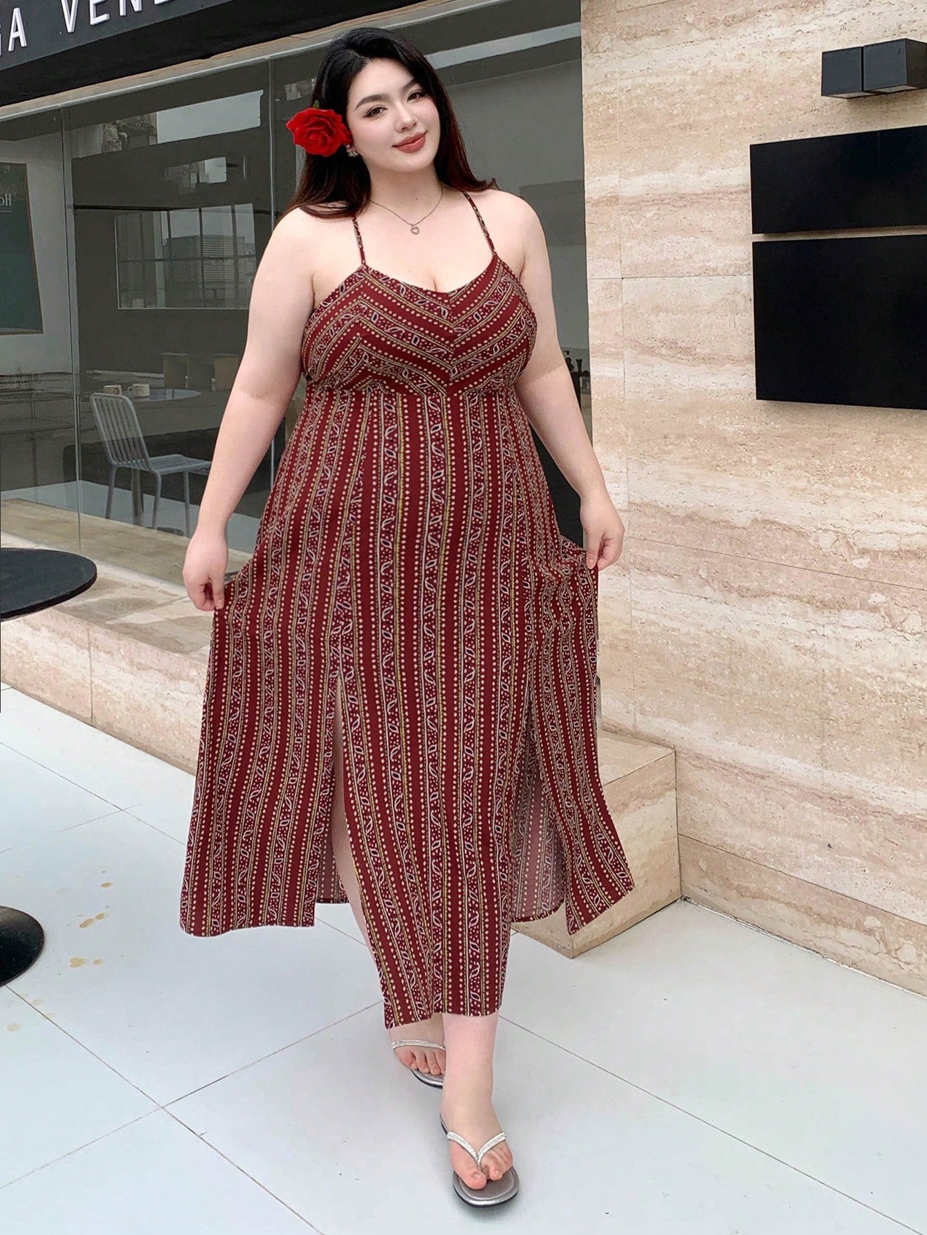 Plus Size Women's Summer Plant Printed Vacation-Style Sleeveless Backless Sexy Maxi Dress