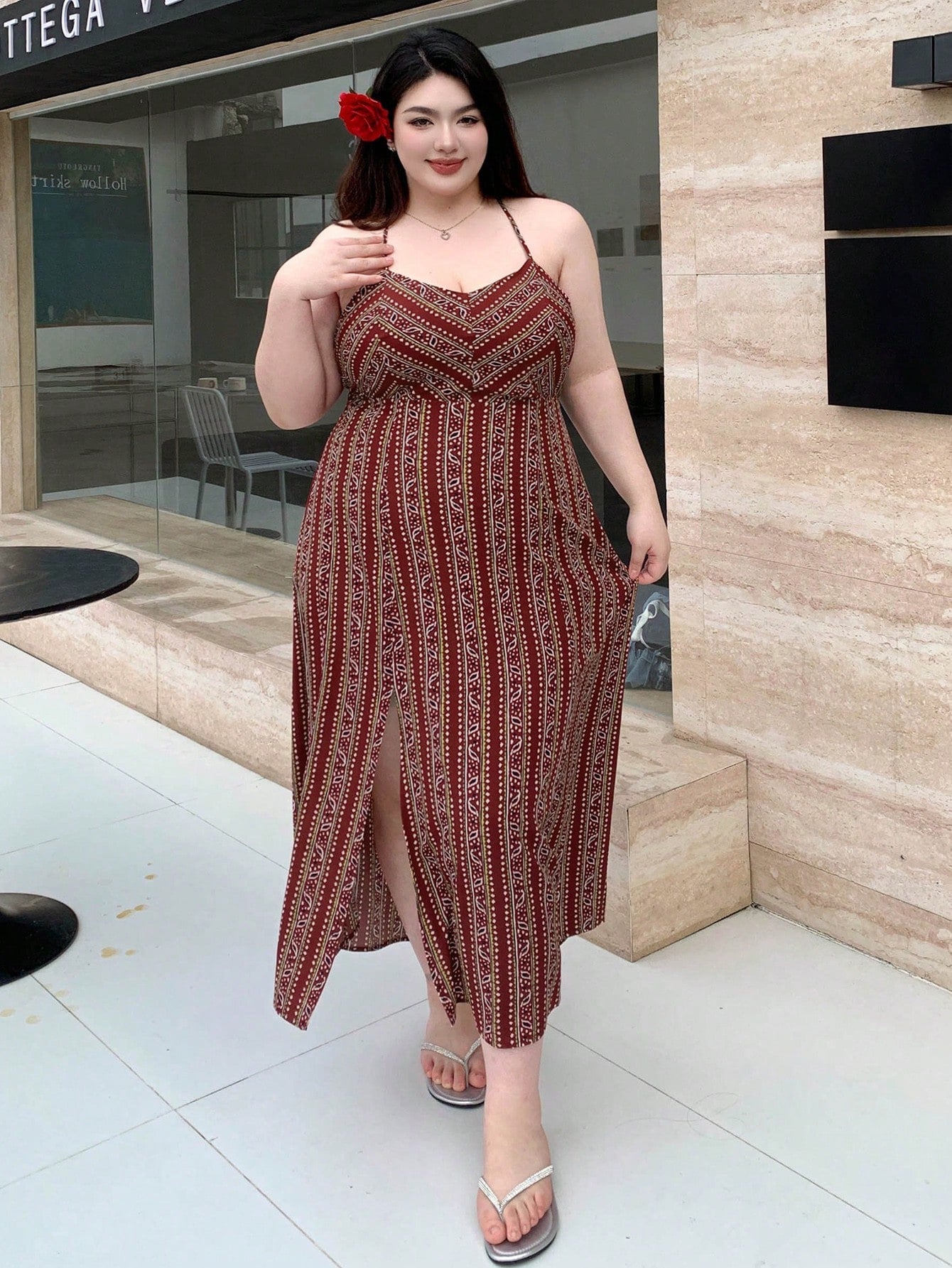 Plus Size Women's Summer Plant Printed Vacation-Style Sleeveless Backless Sexy Maxi Dress