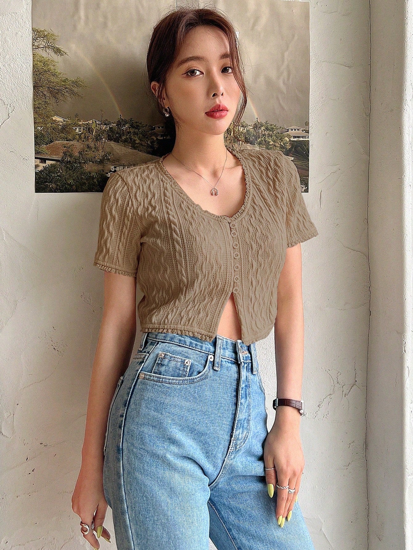 Front Button Texture Short Sleeve T-Shirt For Casual Summer Look