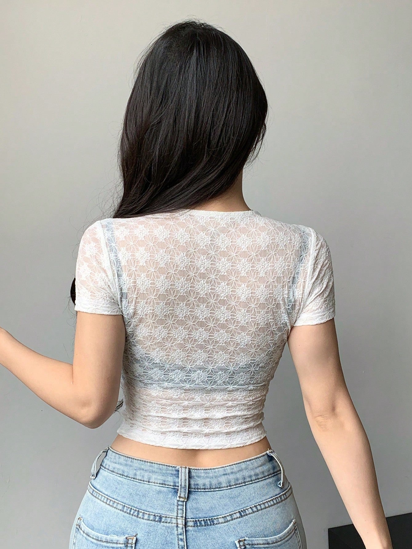 Women V-Neck Short Sleeve Crop Top With A See-Through Lace Design For A Fashionable Look In Summer
