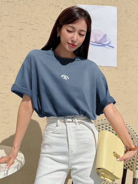 Cherry And Letter Print Oversized Drop Shoulder Short Sleeve T-Shirt