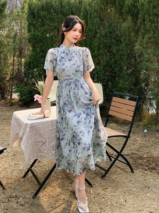 Women's Spring/Summer Floral Print Stand Collar Short Sleeve Dress