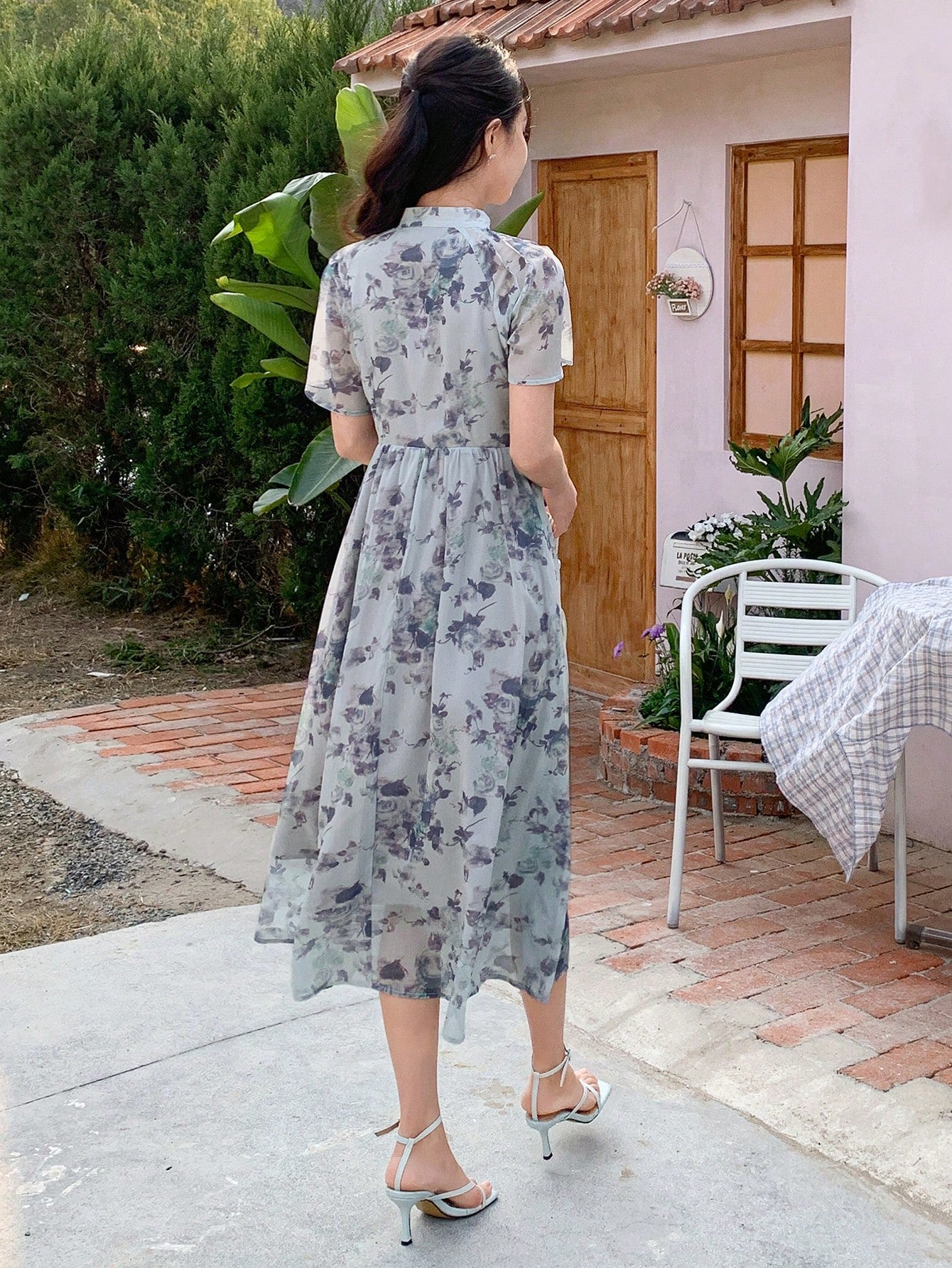 Women's Spring/Summer Floral Print Stand Collar Short Sleeve Dress
