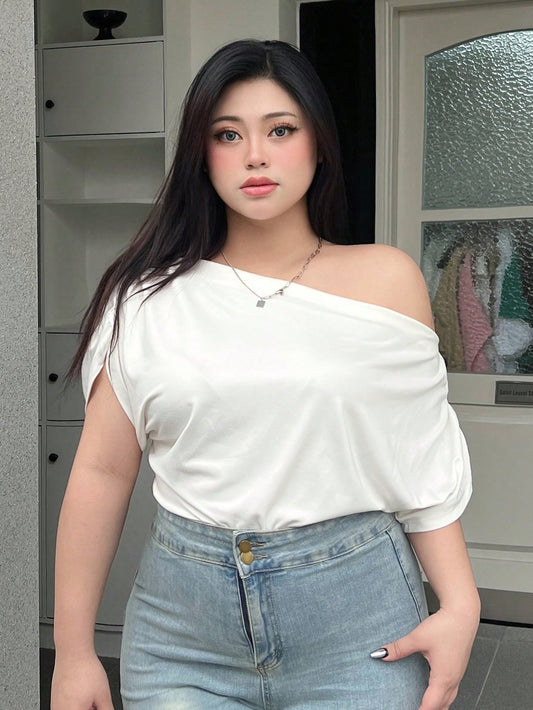 Plus Size Solid Color Asymmetrical Collar Casual T-Shirt For Summer