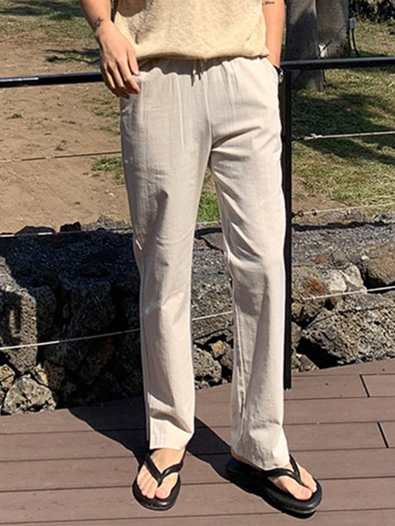 Men Summer Solid Color Drawstring Pants With Pockets